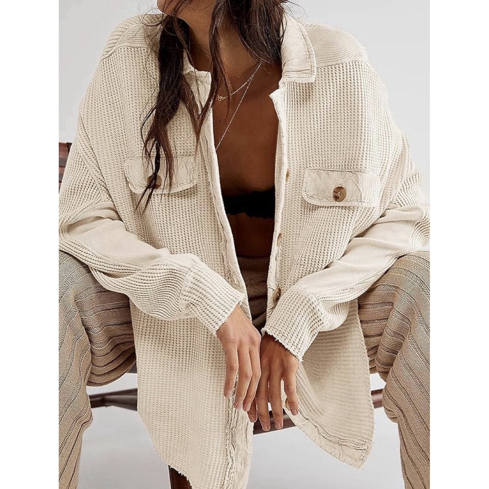 Free People One Scout Jacket Beige Waffle Shacket 100% Cotton Women's M/L *flaw*